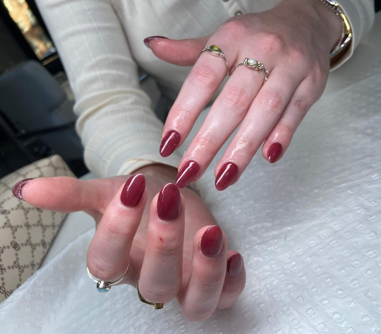Builder in a Bottle nails with nude polish in Crows Nest